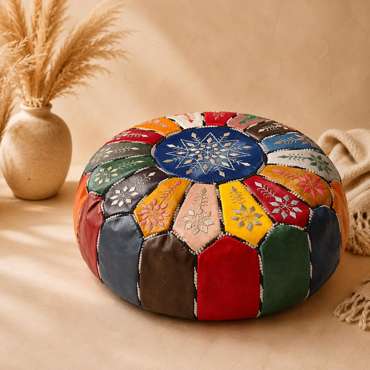 Handmade Moroccan Leather Pouf, leather pouf round ottoman, Boho Floor Cushion, Artisan Housewarming Gift, ottoman stool, sweet tech pouf