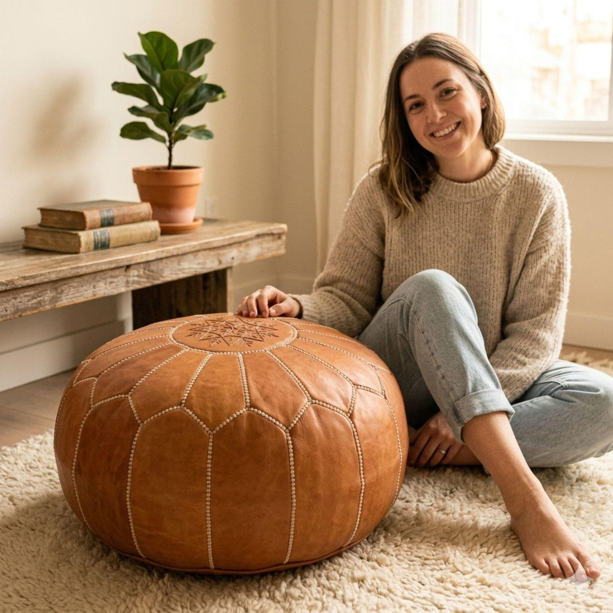 Leather Ottoman pouf, Pouf Cuir, Brown Ottoman, Ottoman Pouf Brown, Handmade Genuine Leather Pouf, Round Footstool, Brown pouf Floor Cushion