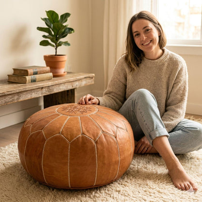 Leather Ottoman pouf, Pouf Cuir, Brown Ottoman, Ottoman Pouf Brown, Handmade Genuine Leather Pouf, Round Footstool, Brown pouf Floor Cushion