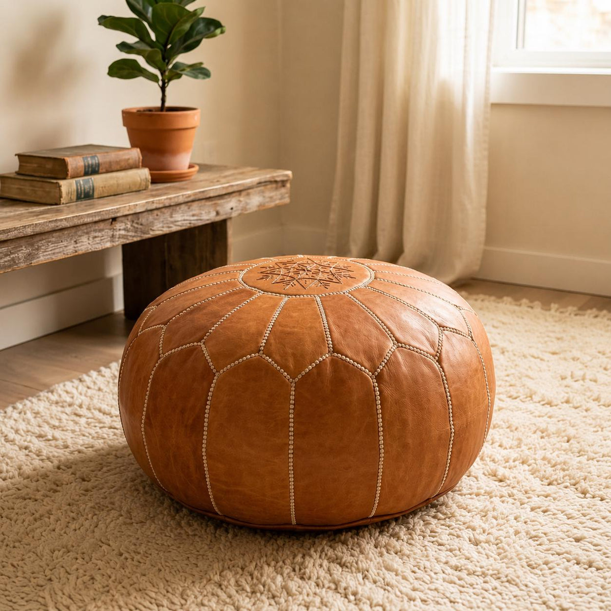 Leather Ottoman pouf, Pouf Cuir, Brown Ottoman, Ottoman Pouf Brown, Handmade Genuine Leather Pouf, Round Footstool, Brown pouf Floor Cushion