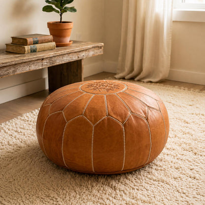 Leather Ottoman pouf, Pouf Cuir, Brown Ottoman, Ottoman Pouf Brown, Handmade Genuine Leather Pouf, Round Footstool, Brown pouf Floor Cushion