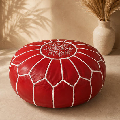 Red Moroccan Leather Ottoman Pouf Seat, authentic bohemian ottoman, handmade in Morocco, round floor pillow, Unstuffed Leather Footrest Pouf