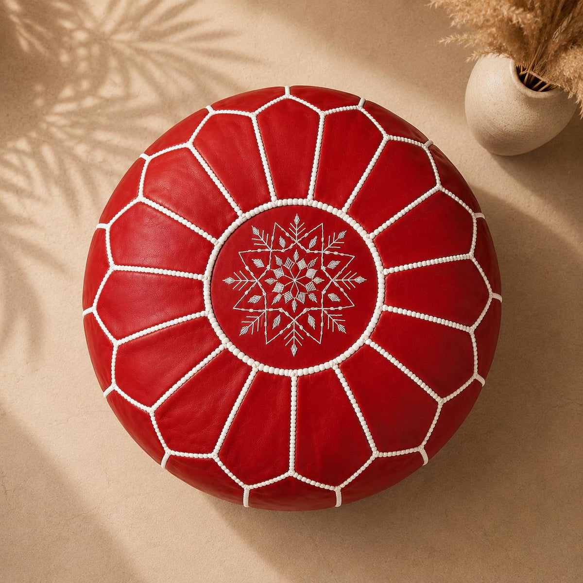 Red Moroccan Leather Ottoman Pouf Seat, authentic bohemian ottoman, handmade in Morocco, round floor pillow, Unstuffed Leather Footrest Pouf