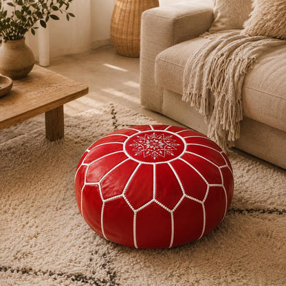 Red Moroccan Leather Ottoman Pouf Seat, authentic bohemian ottoman, handmade in Morocco, round floor pillow, Unstuffed Leather Footrest Pouf