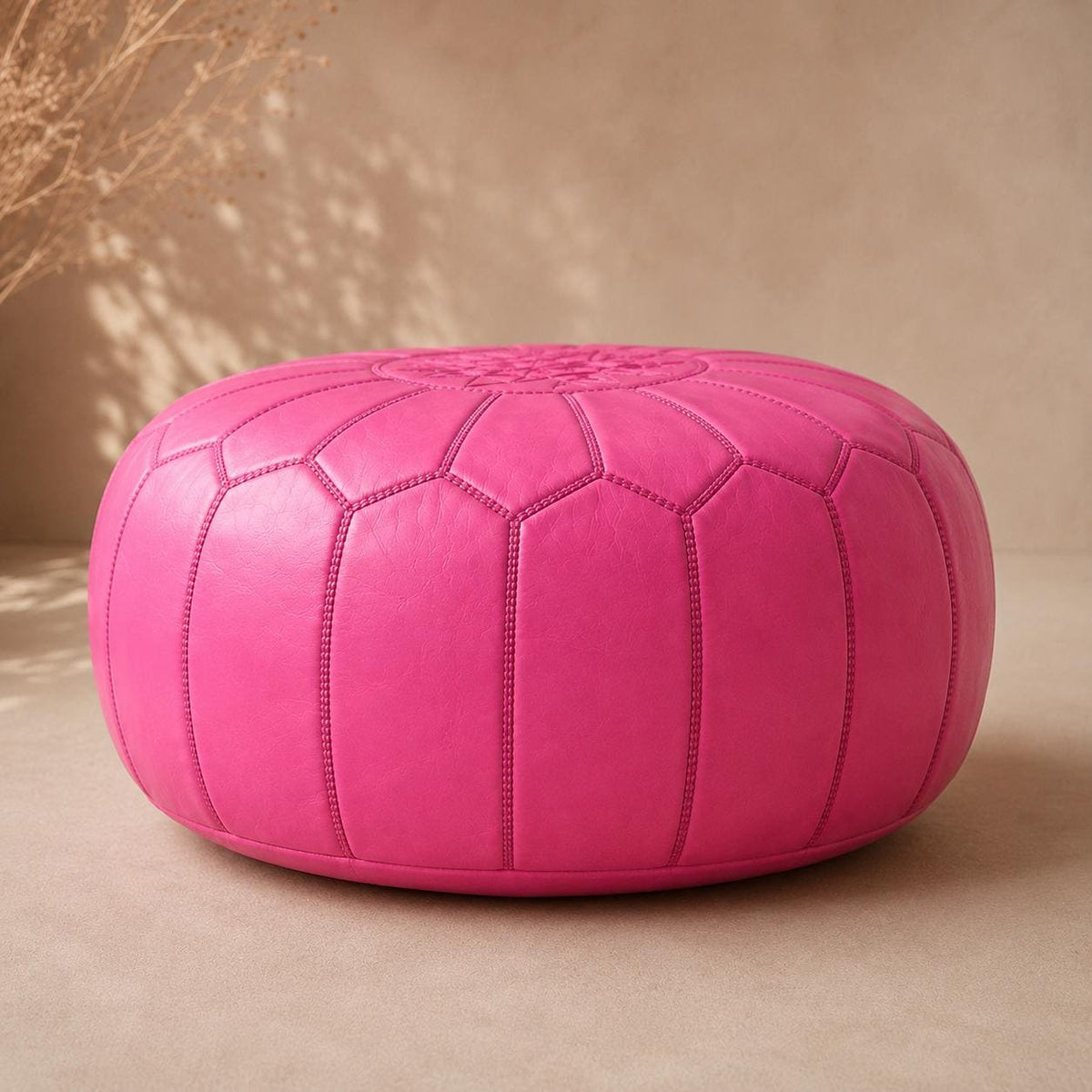 Pink Moroccan Leather Ottoman Pouf Seat, authentic bohemian ottoman, handmade in Morocco, round floor pillow, Unstuffed Leather Pouf