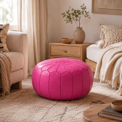 Pink Moroccan Leather Ottoman Pouf Seat, authentic bohemian ottoman, handmade in Morocco, round floor pillow, Unstuffed Leather Pouf