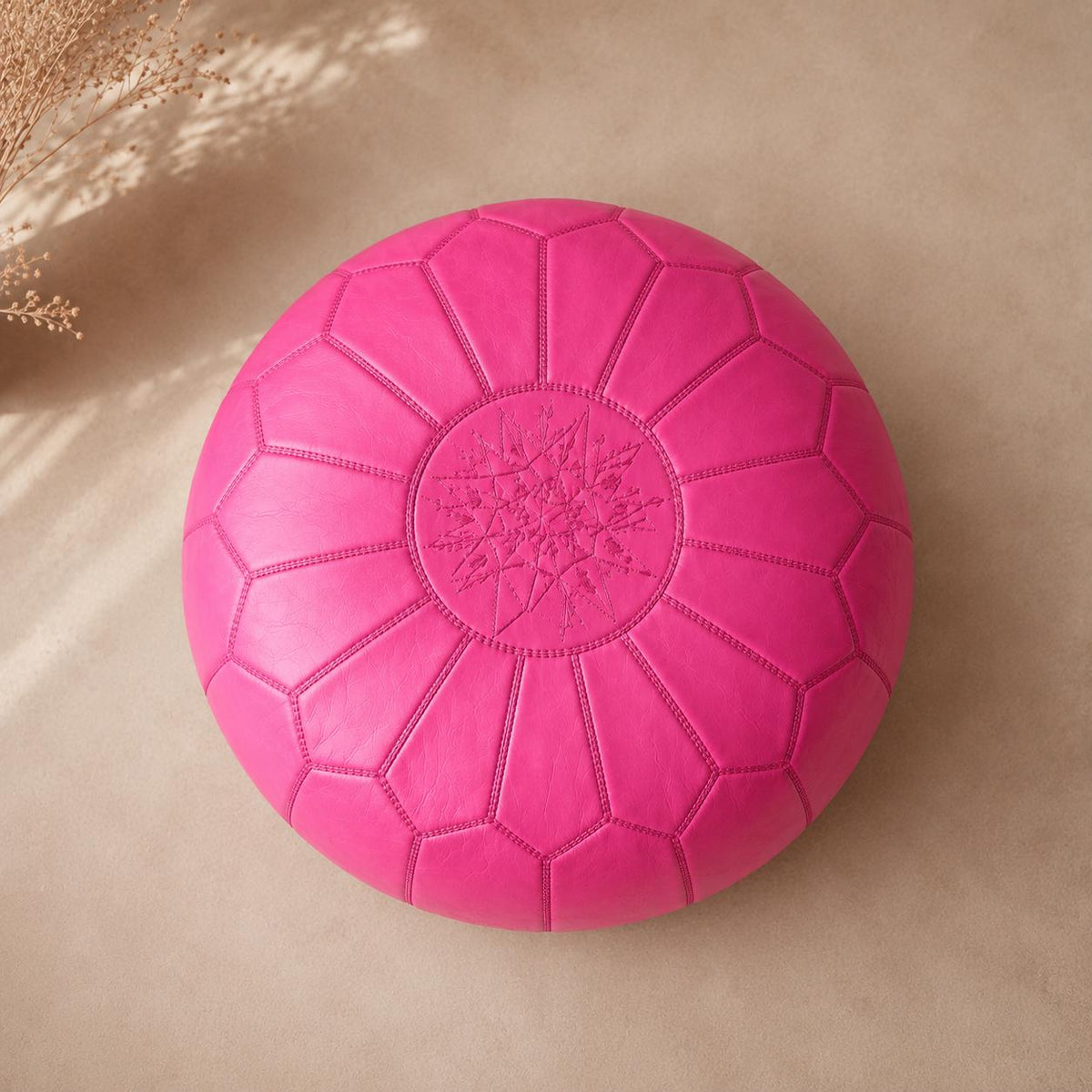 Pink Moroccan Leather Ottoman Pouf Seat, authentic bohemian ottoman, handmade in Morocco, round floor pillow, Unstuffed Leather Pouf