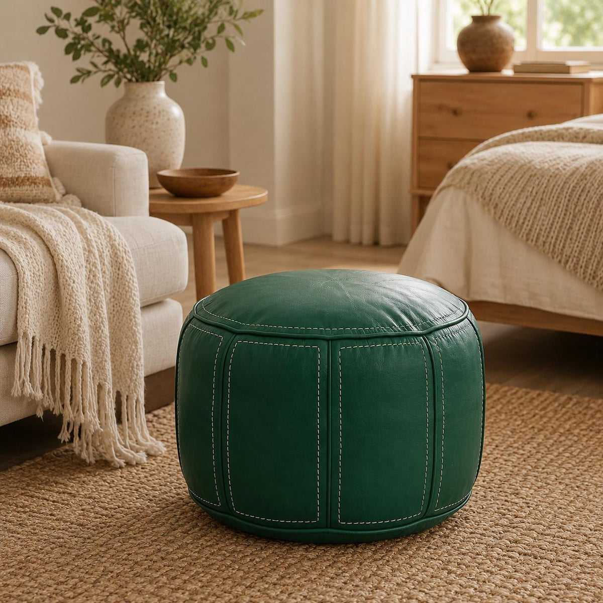 Green Moroccan Leather Ottoman Pouf Seat, authentic bohemian ottoman, handmade in Morocco, round floor pillow, Unstuffed Leather Footrest