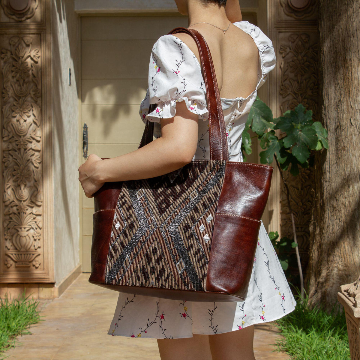 Personalized Leather Tote Bag, Moroccan Carpet Shoulder Bag, Handmade Leather Handbag, Large Work Tote, Gift for Women