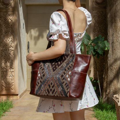 Personalized Leather Tote Bag, Moroccan Carpet Shoulder Bag, Handmade Leather Handbag, Large Work Tote, Gift for Women