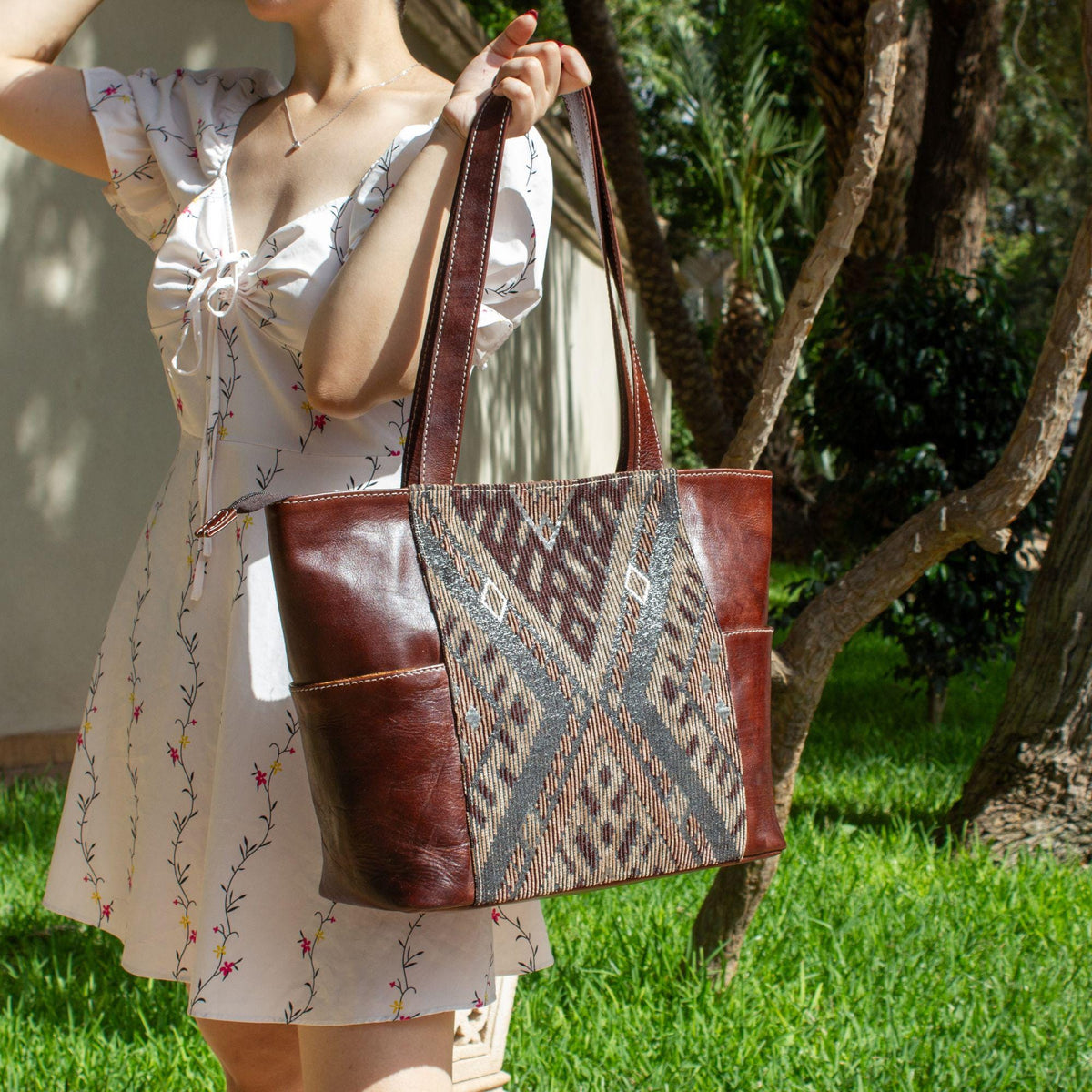 Personalized Leather Tote Bag, Moroccan Carpet Shoulder Bag, Handmade Leather Handbag, Large Work Tote, Gift for Women