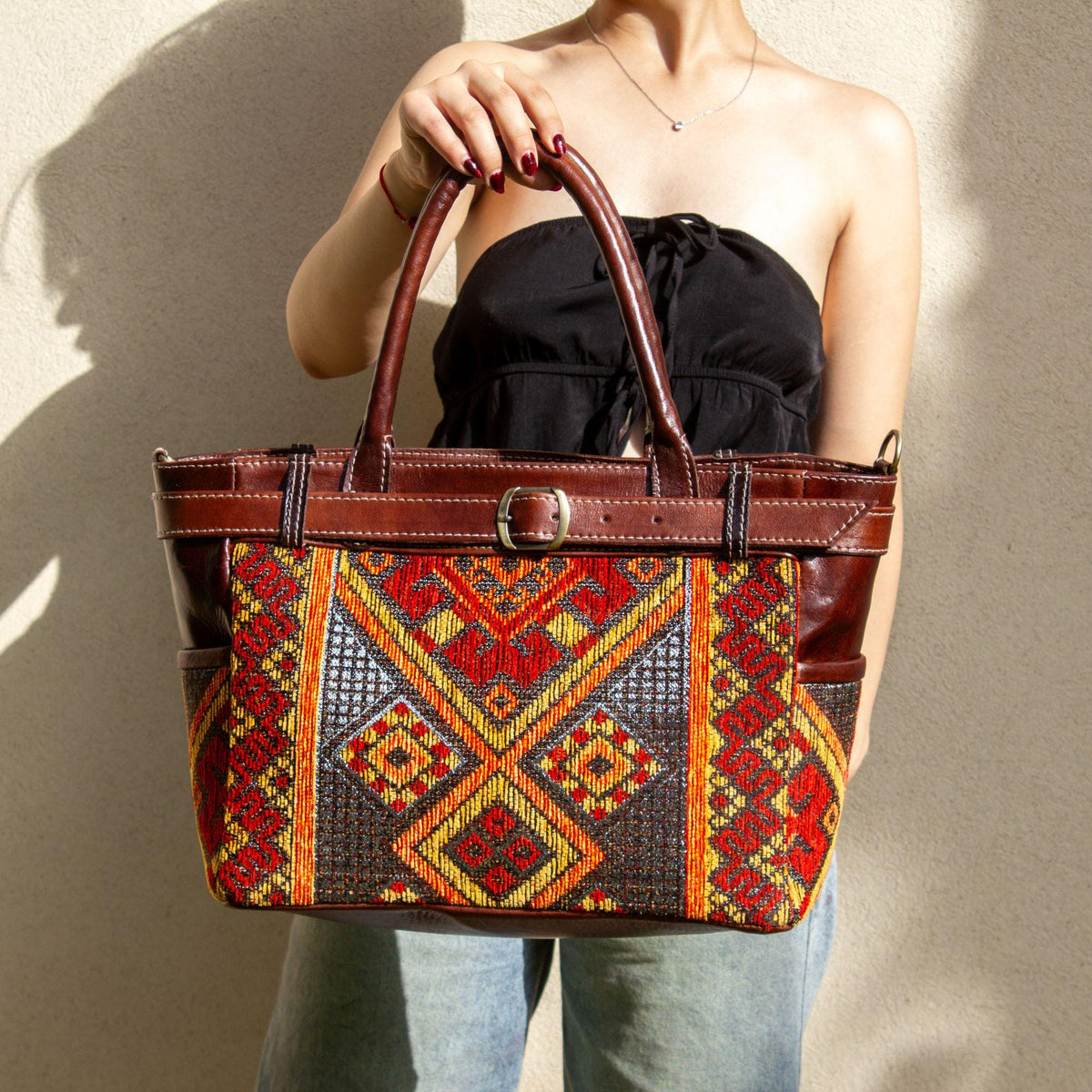 Personalized Moroccan Kilim Tote Bag, Handmade Leather Shoulder Bag, Carpet Tote, Boho Everyday Bag for Women