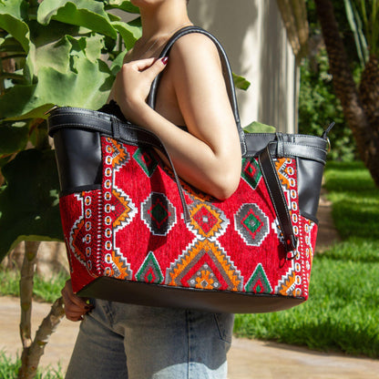 Personalized Leather Tote Bag, Moroccan Carpet Shoulder Bag, Handmade Work Tote, Genuine Leather Handbag, Gift for Women