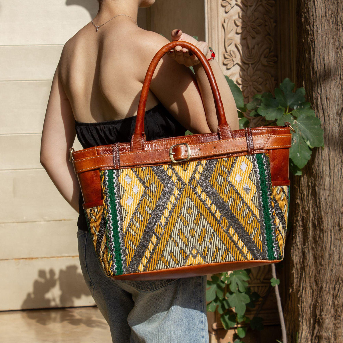 Personalized Leather Tote Bag, Moroccan Carpet Shoulder Bag, Handmade Leather Work Tote, Genuine Leather Bag, Gift for Women