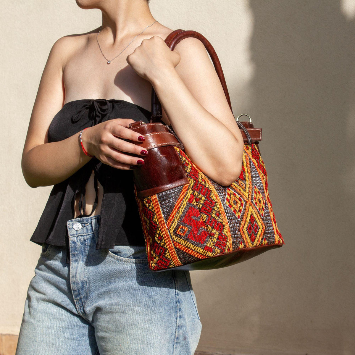 Personalized Leather Tote Bag, Moroccan Carpet Bag, Handmade Leather Shoulder Bag, Work Tote for Women, Gift for Her