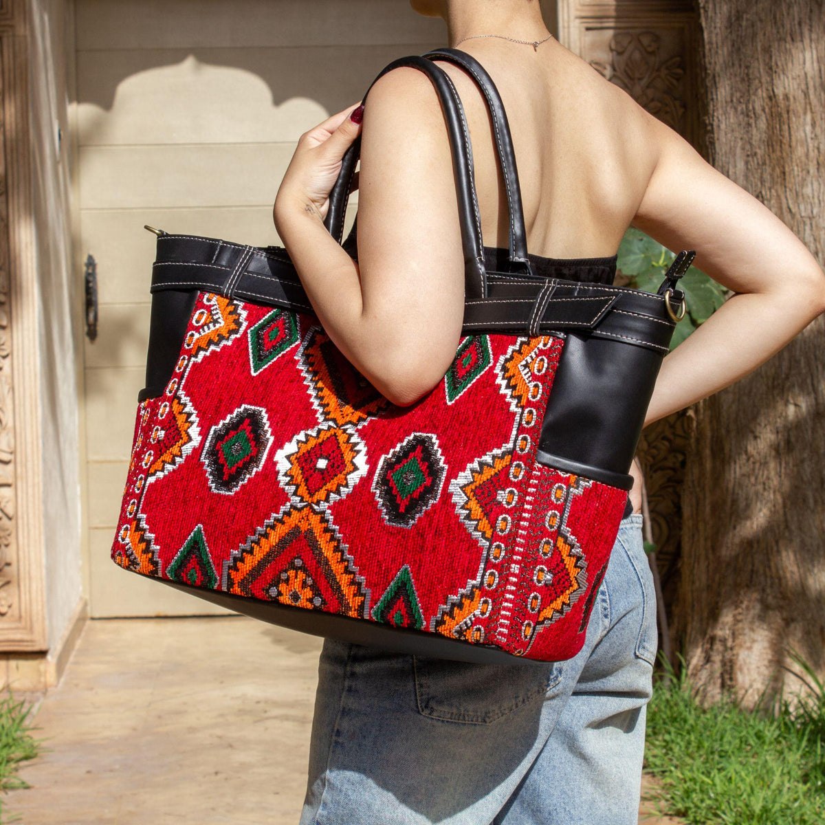 Personalized Leather Tote Bag, Moroccan Carpet Shoulder Bag, Handmade Leather Work Tote, Genuine Leather Bag, Gift for Women