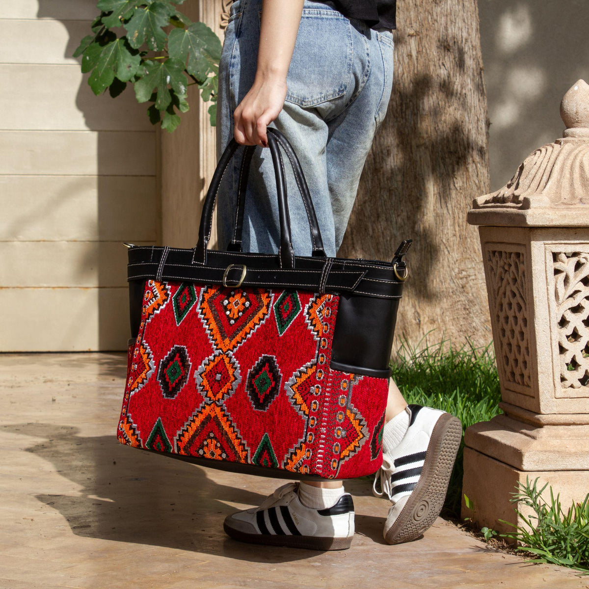 Personalized Leather Tote Bag, Moroccan Carpet Bag, Handmade Shoulder Bag, Work Tote for Women, Gift for Her