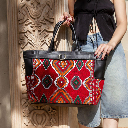 Personalized Leather Tote Bag, Moroccan Carpet Bag, Handmade Shoulder Bag, Work Tote for Women, Gift for Her
