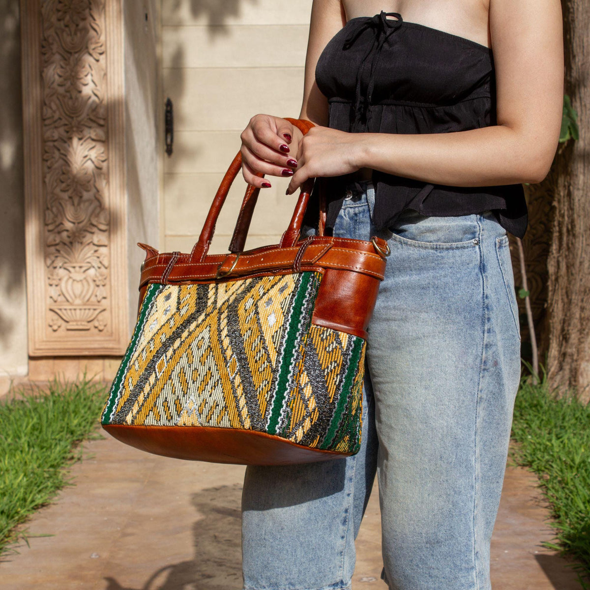 Personalized Leather Tote Bag, Handmade Moroccan Shoulder Bag, Green Carpet Tote bag, Large Work Bag for Women, Gift for Her