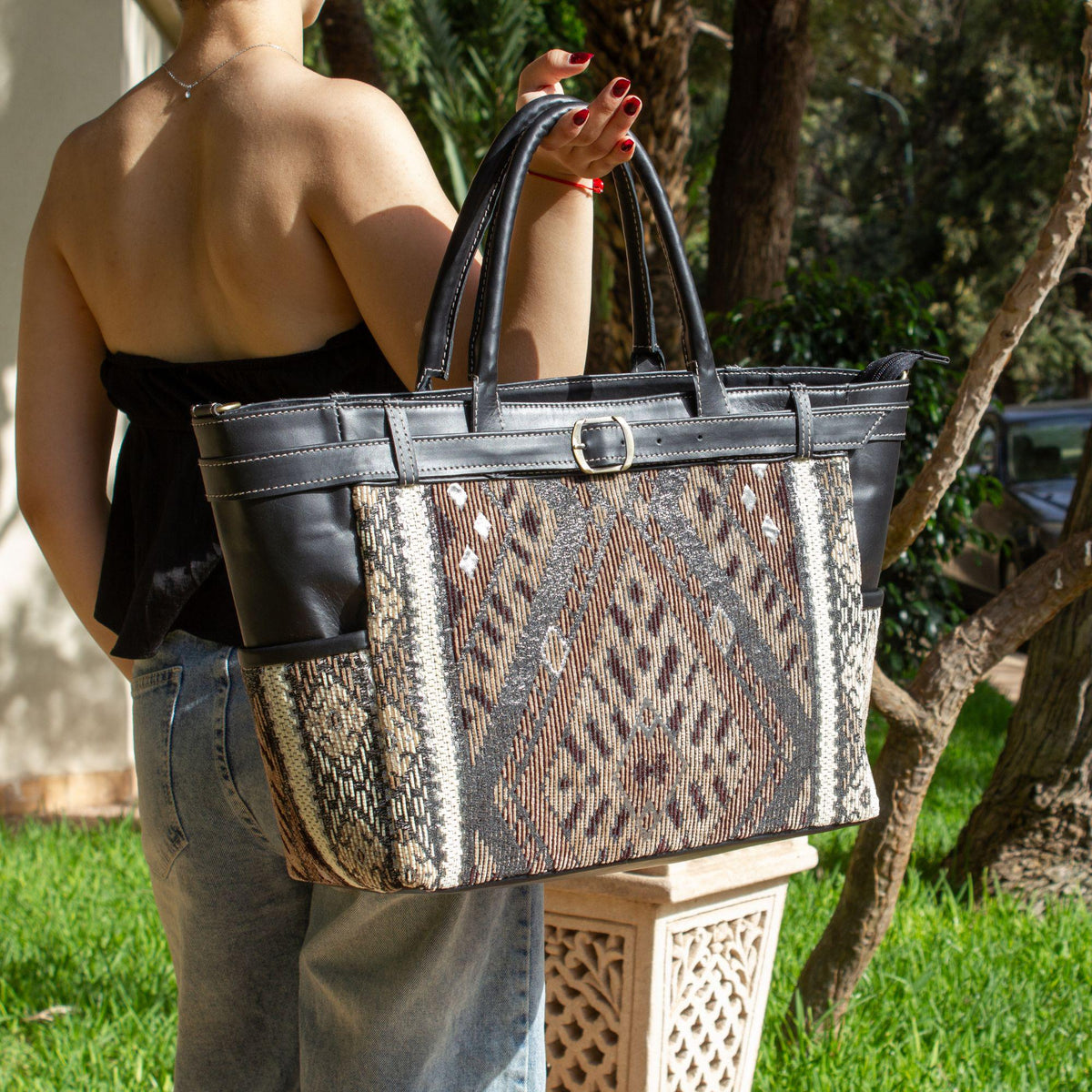 Personalized Leather Tote Bag, Handmade Moroccan Shoulder Bag, Carpet Tote, Large Work Bag for Women, Gift for Her