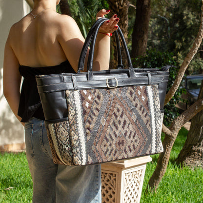Personalized Leather Tote Bag, Handmade Moroccan Shoulder Bag, Carpet Tote, Large Work Bag for Women, Gift for Her