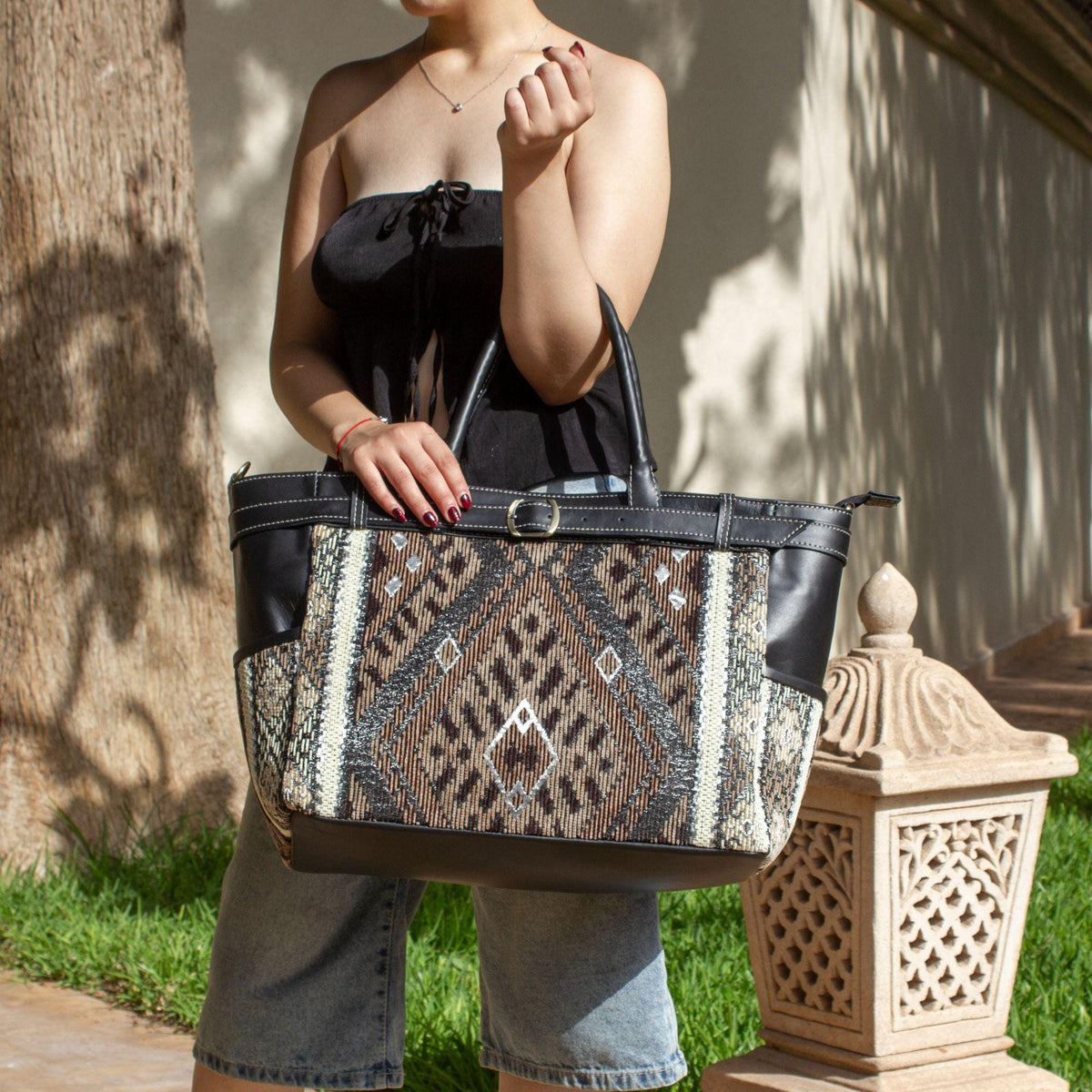 Personalized Leather Tote Bag, Handmade Moroccan Carpet Bag, Large Shoulder Tote, Work Bag for Women, Gift for Her