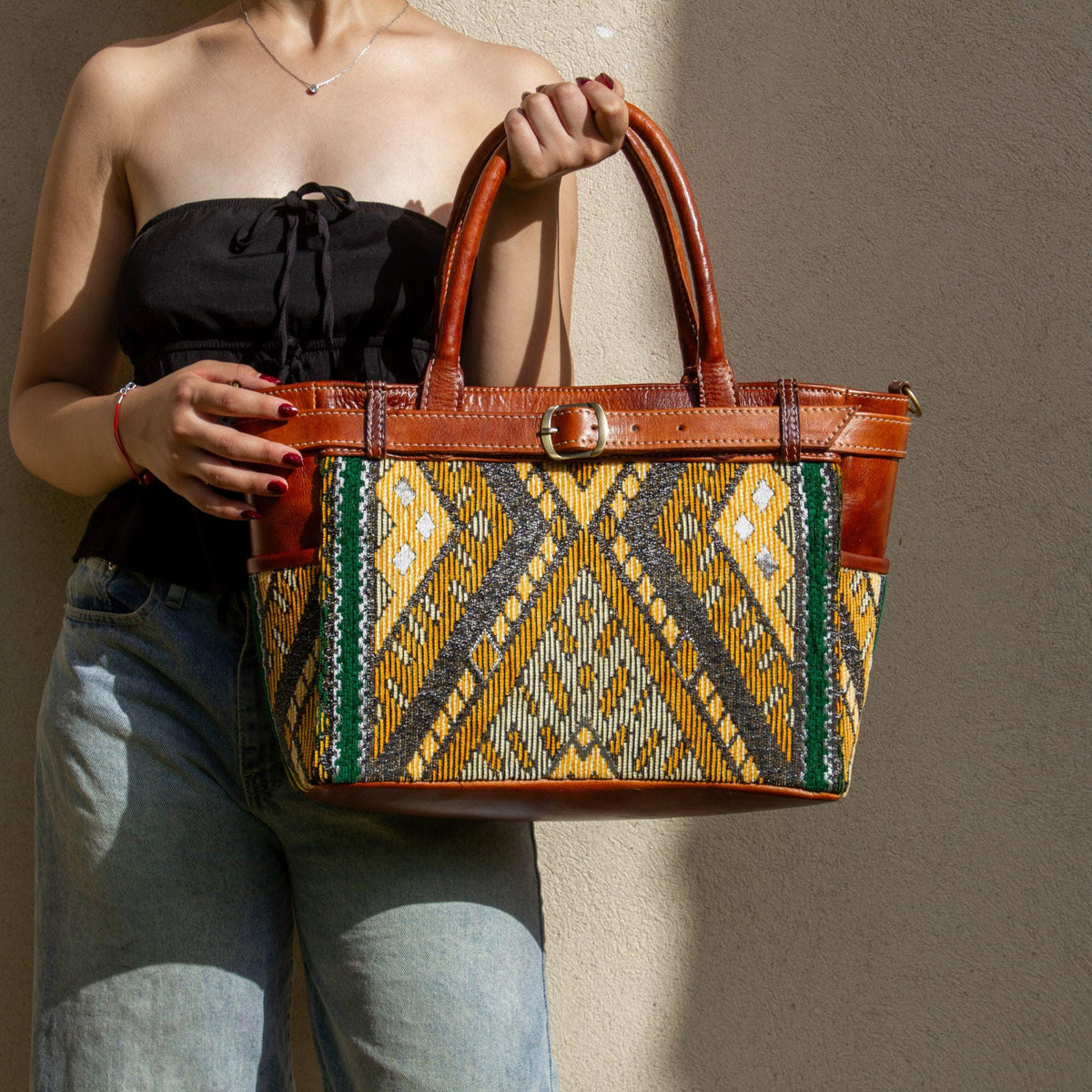 Personalized Leather Tote Bag, Handmade Moroccan Carpet Bag, Large Shoulder Tote, Work Bag for Women, Gift for Her