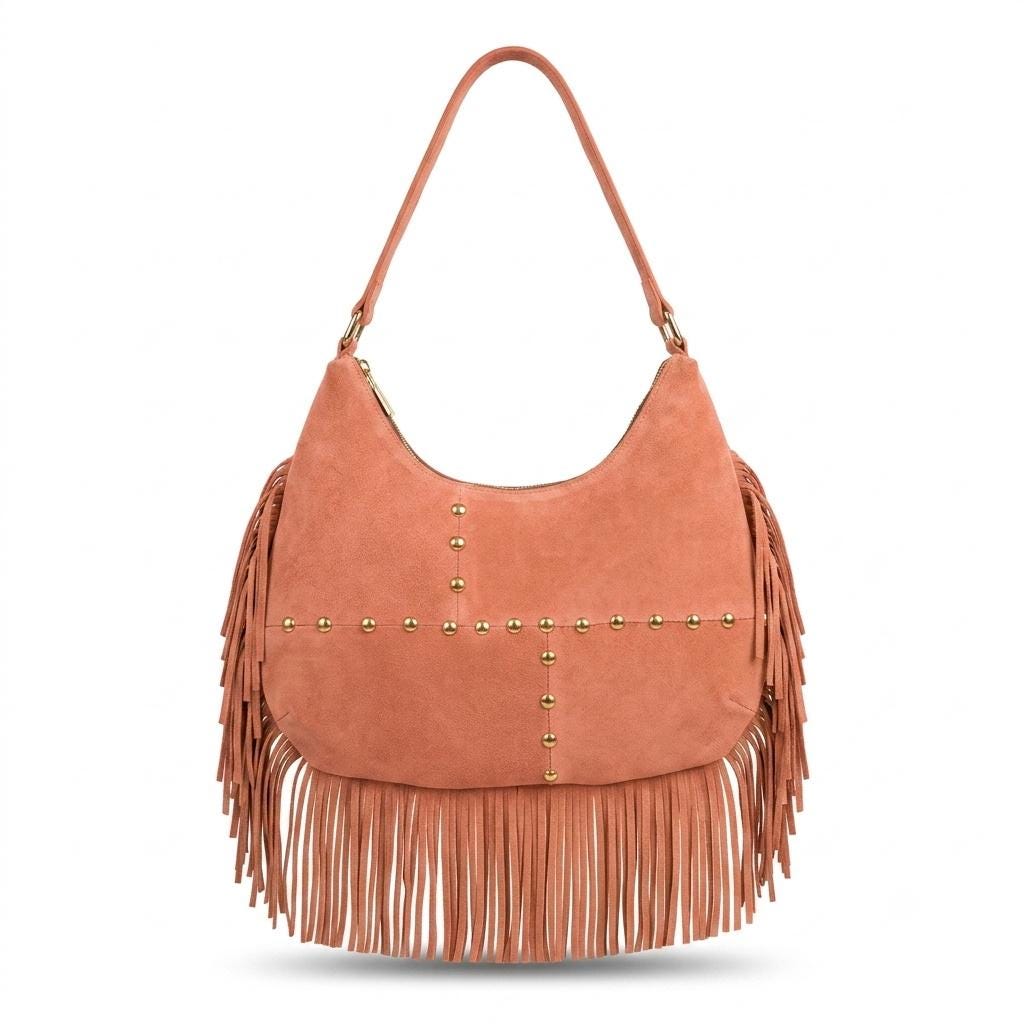 Handmade Leather Fringe Hobo Bag, Genuine Moroccan Leather Shoulder Bag, Boho Women's Purse, Slouchy Everyday Handbag , Christmas Gift