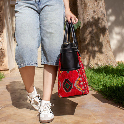 Personalized Leather Tote Bag, Moroccan Carpet Purse, Handmade Shoulder Bag, Women's Leather Shopper, Everyday Work Bag, Gift for Her