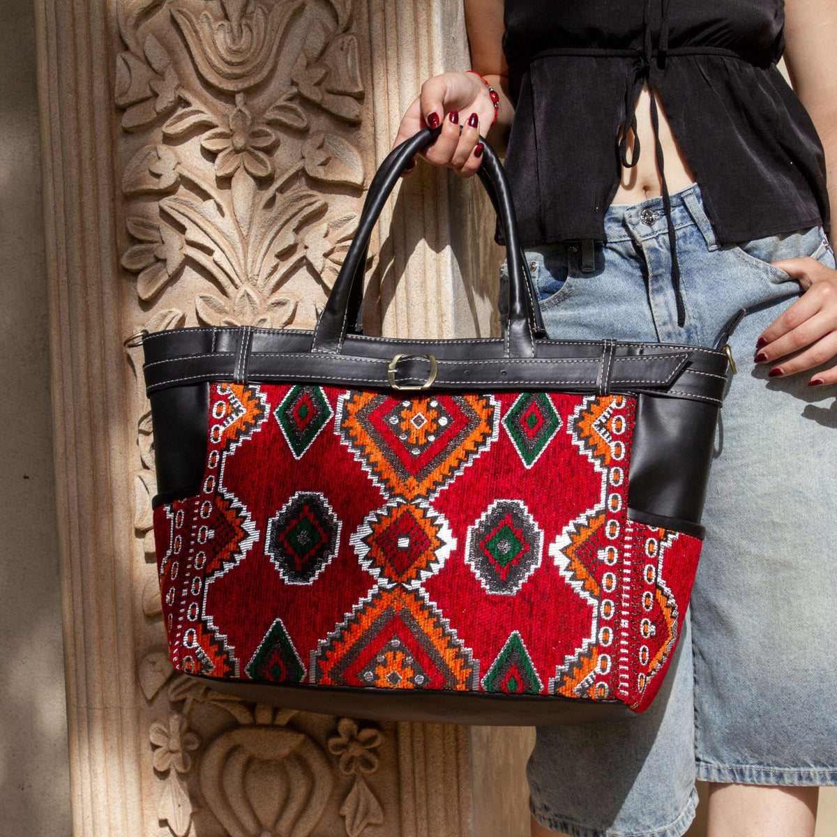 Personalized Leather Tote Bag, Moroccan Carpet Purse, Handmade Shoulder Bag, Women's Leather Shopper, Everyday Work Bag, Gift for Her