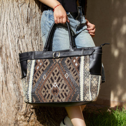 Handcrafted Moroccan Kilim Tote Bag | Brown Carpet Shoulder Bag | Women's Leather Handbag | Carpet Handbag | Gift For Her