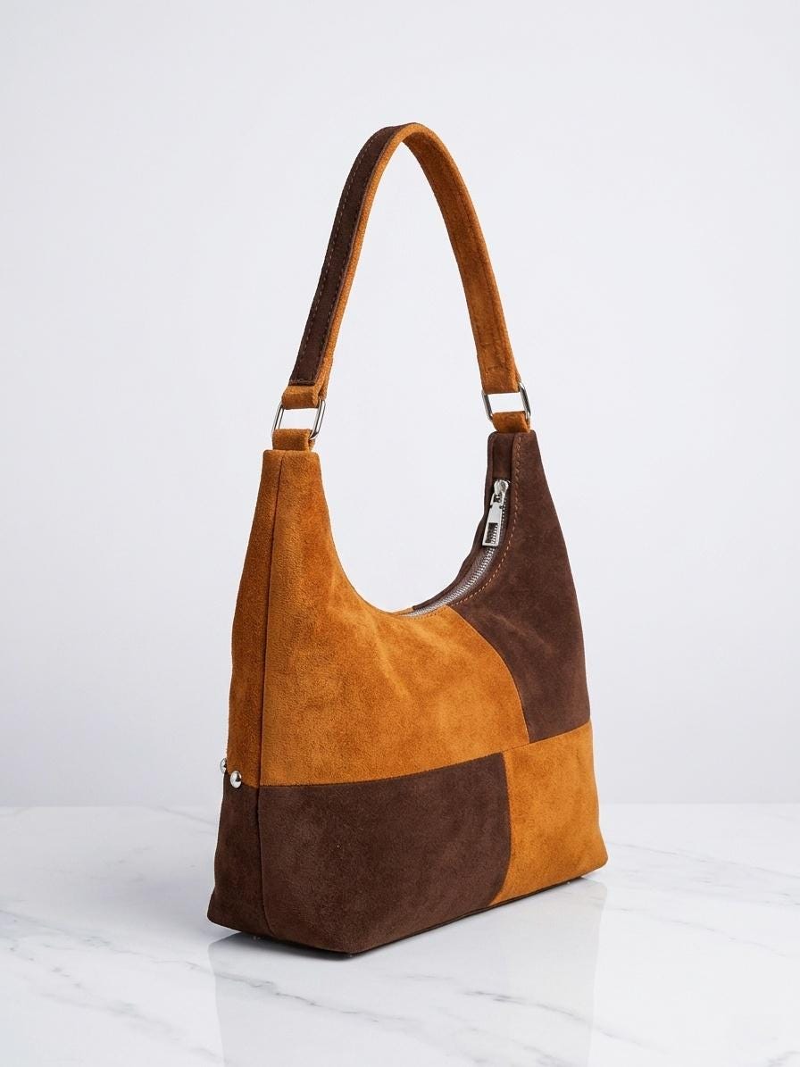 Patchwork Suede Shoulder Bag | Two-Tone Leather Hobo Purse | Boho Handmade Bag Whipstitch Leather Handbag Women's Everyday Bag Gift for Her