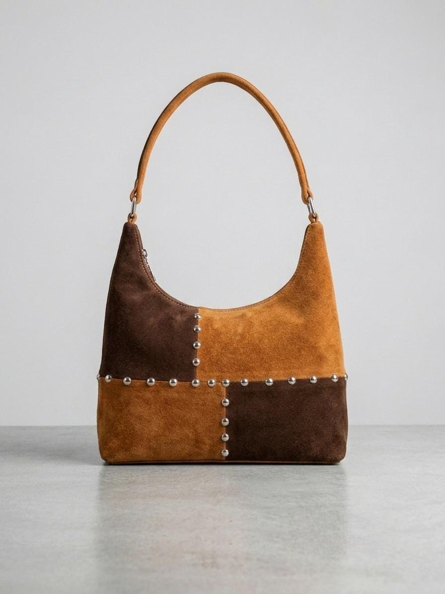Patchwork Suede Shoulder Bag | Two-Tone Leather Hobo Purse | Boho Handmade Bag Whipstitch Leather Handbag Women's Everyday Bag Gift for Her