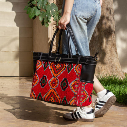 Personalized Leather Tote Bag, Moroccan Carpet Shoulder Bag, Handmade Work Tote, Genuine Leather Handbag, Gift for Women