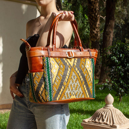 Personalized Leather Tote Bag, Moroccan Carpet Bag, Handmade Leather Shoulder Bag, Work Tote for Women, Gift for Her