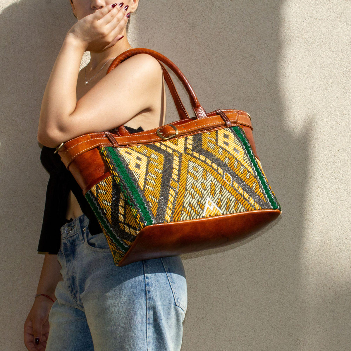Personalized Leather Tote Bag, Handmade Moroccan Shoulder Bag, Green Carpet Tote bag, Large Work Bag for Women, Gift for Her