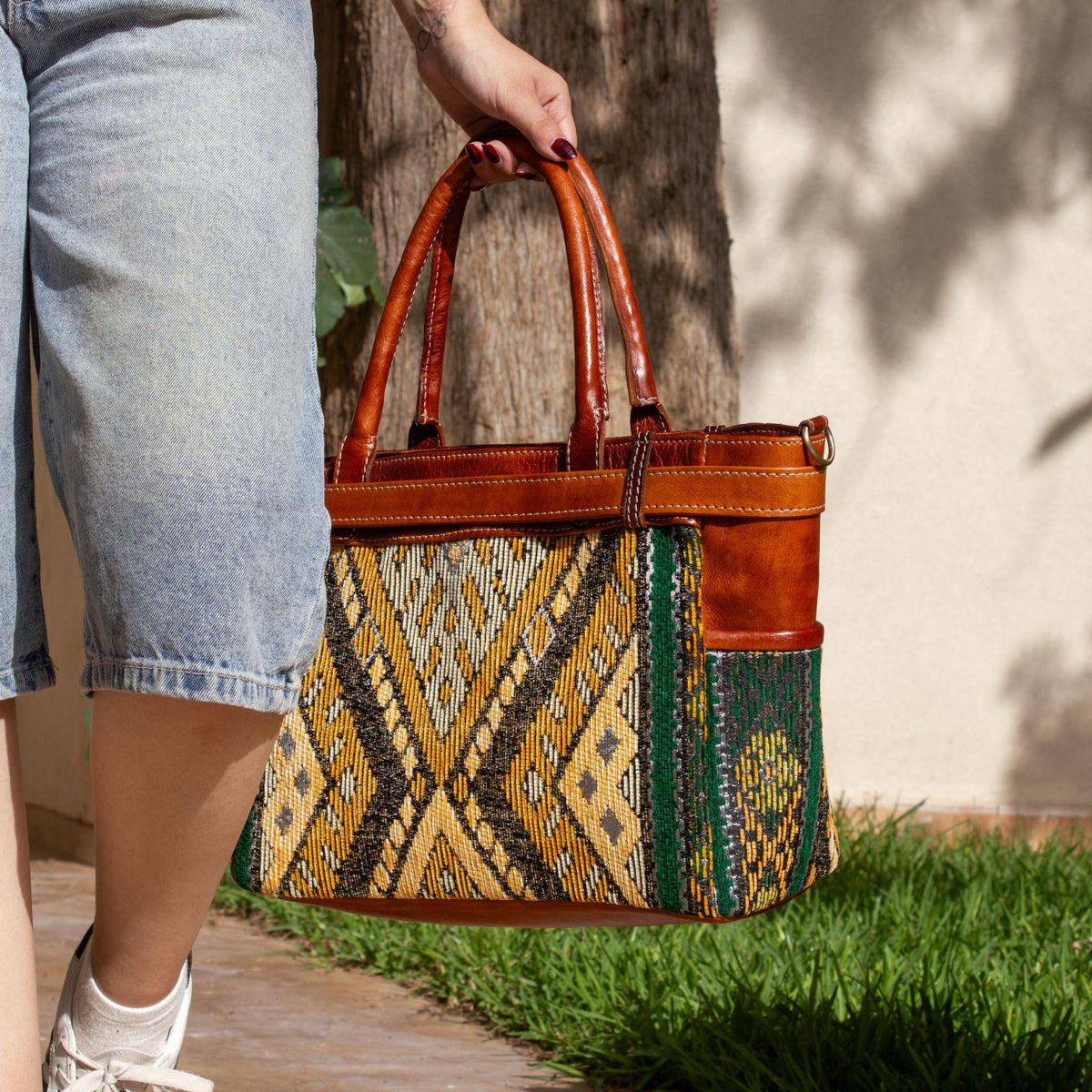 Personalized Leather Tote Bag, Handmade Moroccan Shoulder Bag, Green Carpet Tote bag, Large Work Bag for Women, Gift for Her