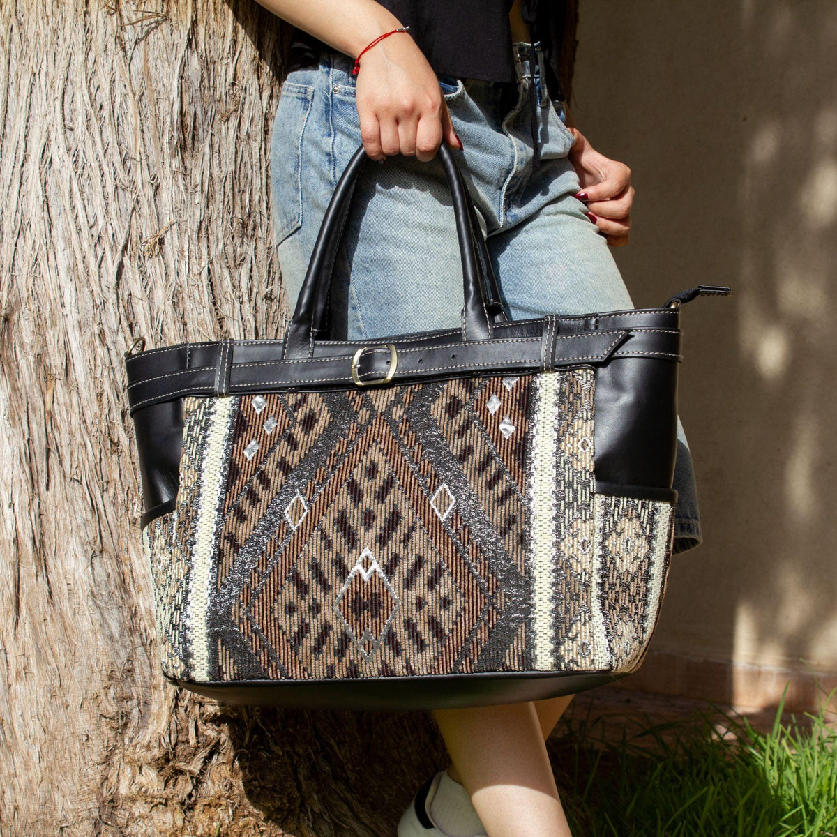 Personalized Leather Tote Bag, Handmade Moroccan Shoulder Bag, Carpet Tote, Large Work Bag for Women, Gift for Her