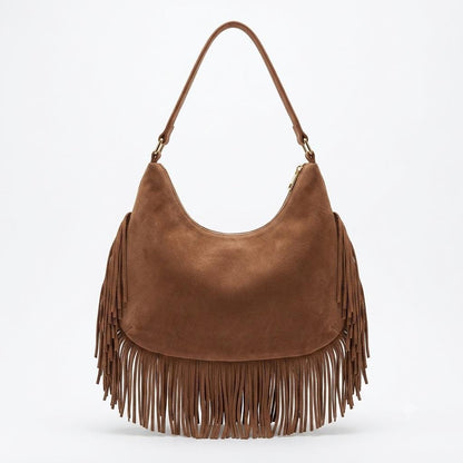 Handmade Leather Fringe Hobo Bag, Genuine Moroccan Leather Shoulder Bag, Boho Women's Purse, Slouchy Everyday Handbag , Christmas Gift