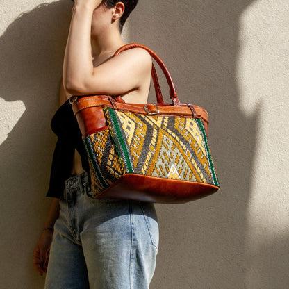 Personalized Leather Tote Bag, Handmade Moroccan Shoulder Bag, Carpet Leather Purse, Large Work Tote, Everyday Bag for Women, Gift for Her