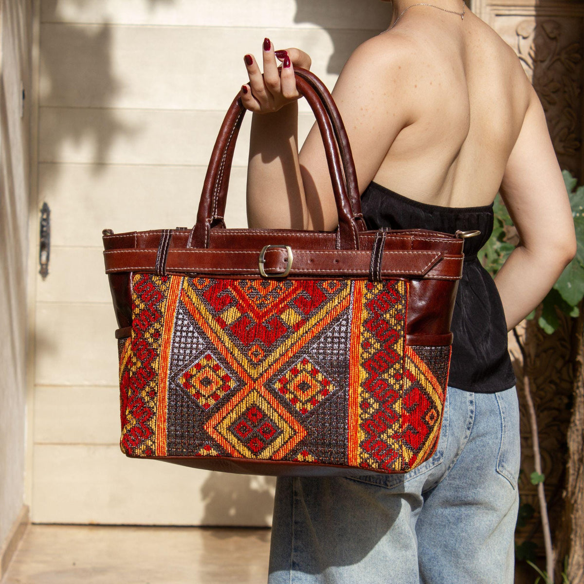 Leather Tote Bag for Women, Personalized Moroccan Carpet Bag, Handmade Shoulder Purse, Large Leather Shopper, Gift for Her