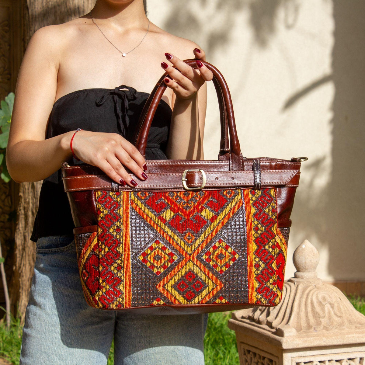 Leather Tote Bag for Women, Personalized Moroccan Carpet Bag, Handmade Shoulder Purse, Large Leather Shopper, Gift for Her