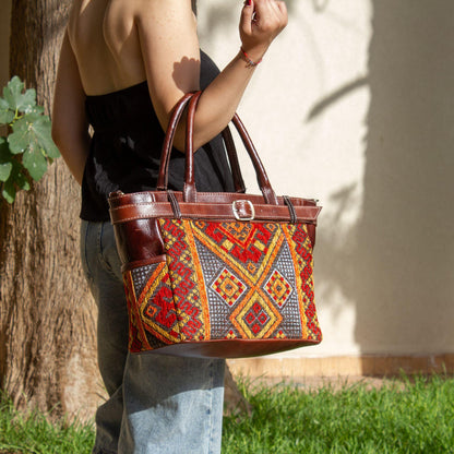 Personalized Leather Tote Bag, Moroccan Carpet Purse, Handmade Shoulder Bag, Women's Leather Shopper, Everyday Work Bag, Gift for Her