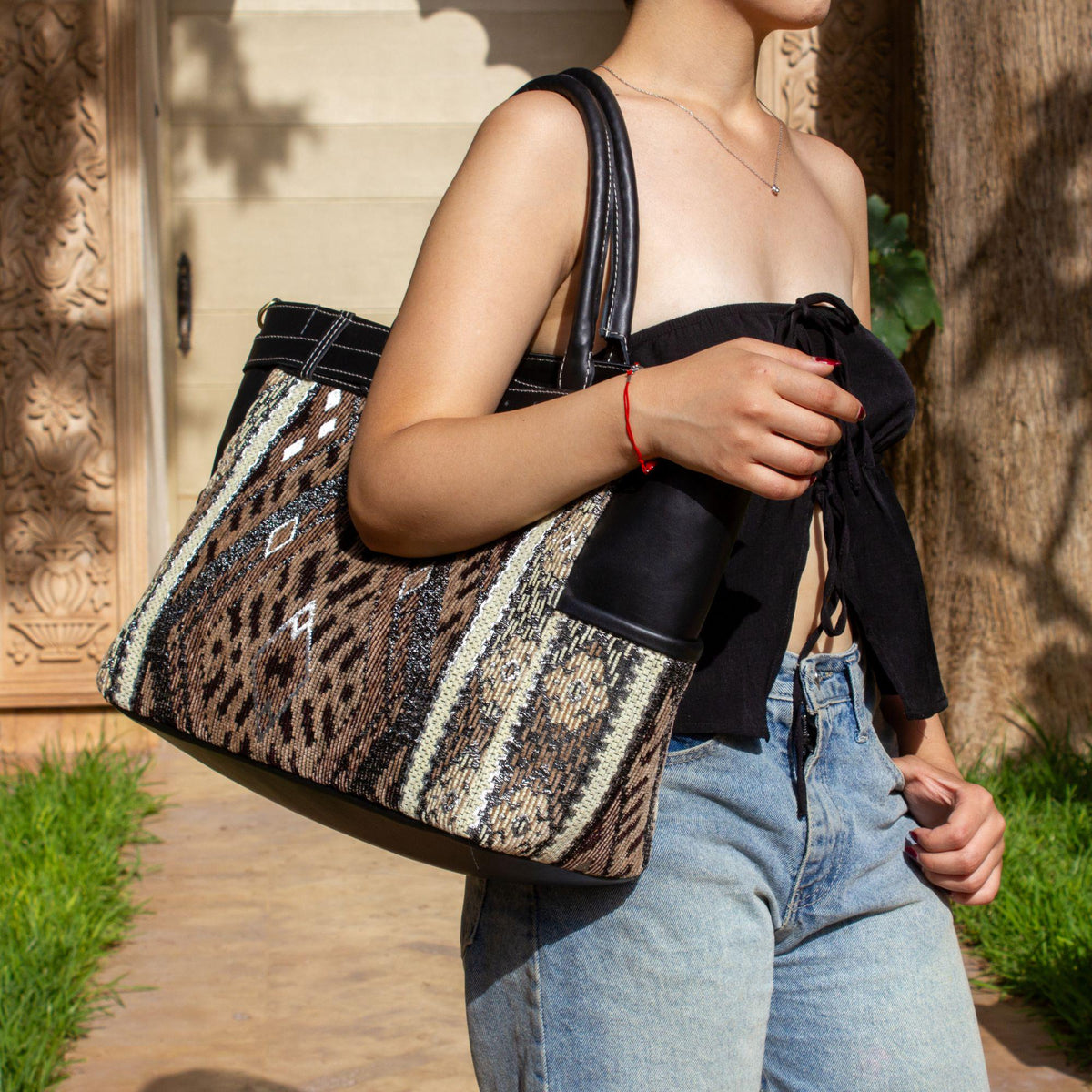 Handcrafted Moroccan Kilim Tote Bag | Brown Carpet Shoulder Bag | Women's Leather Handbag | Carpet Handbag | Gift For Her