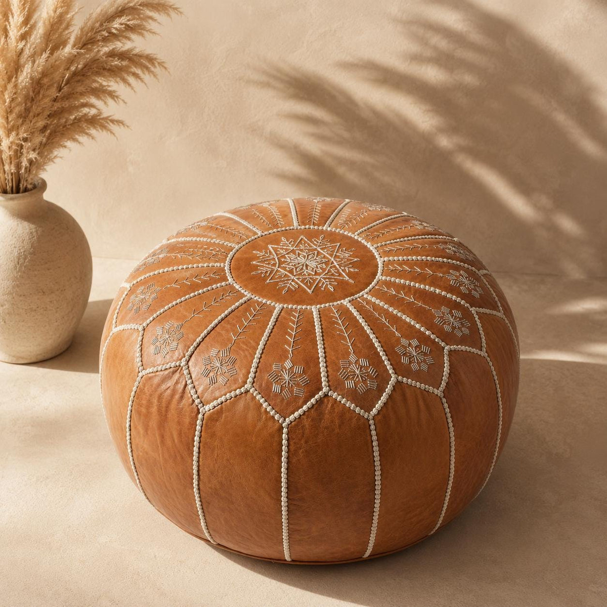 Handmade Round Moroccan Leather Pouf Ottoman, Genuine Leather Footstool, Small Coffee Table, brown Floor Seating, step stool, Sold unstuffed