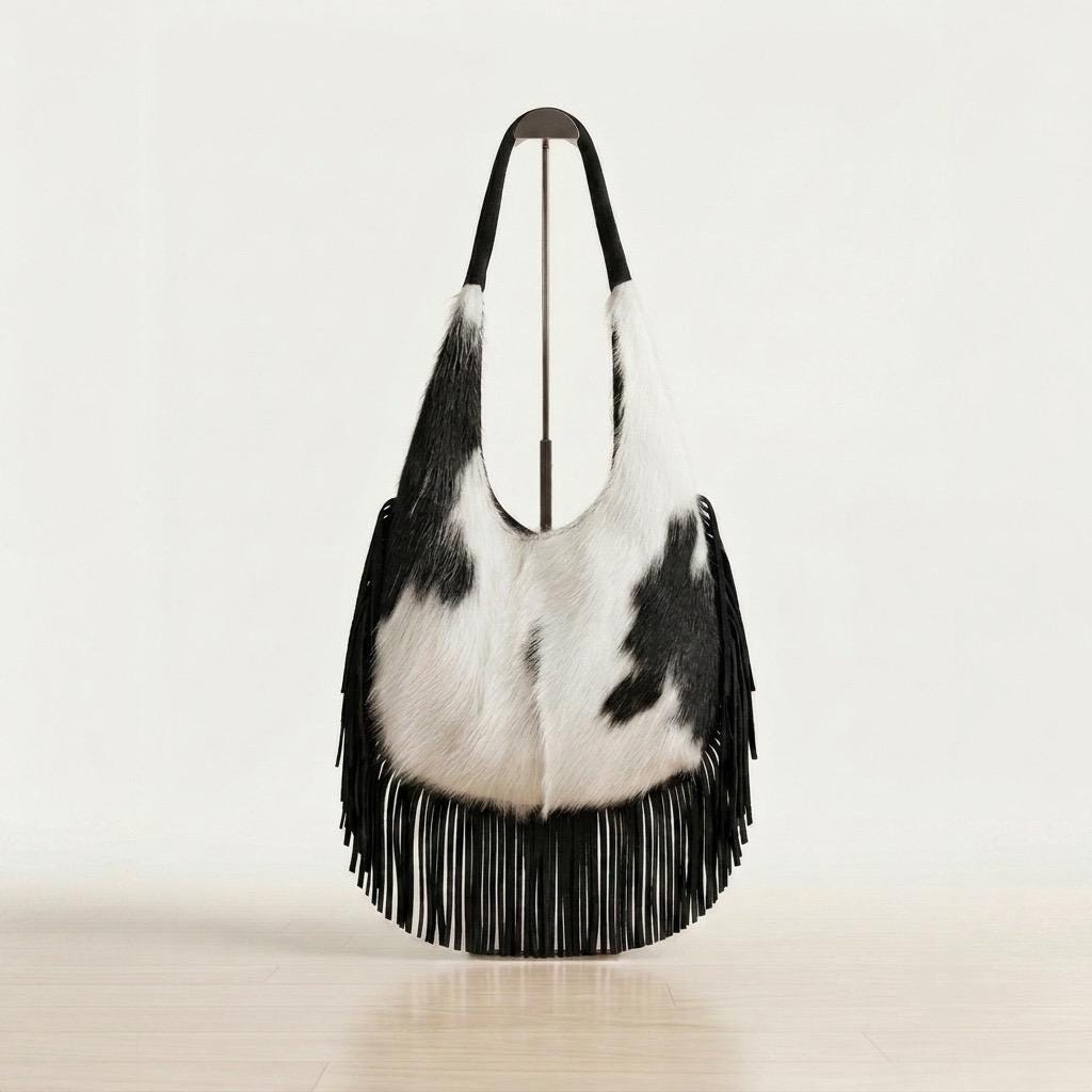 Genuine Leather Cowhide Fringe Hobo Bag, Handmade Western Boho Shoulder Bag, Hair-On Hide Purse, Cow Print Handbag, Gift for Her