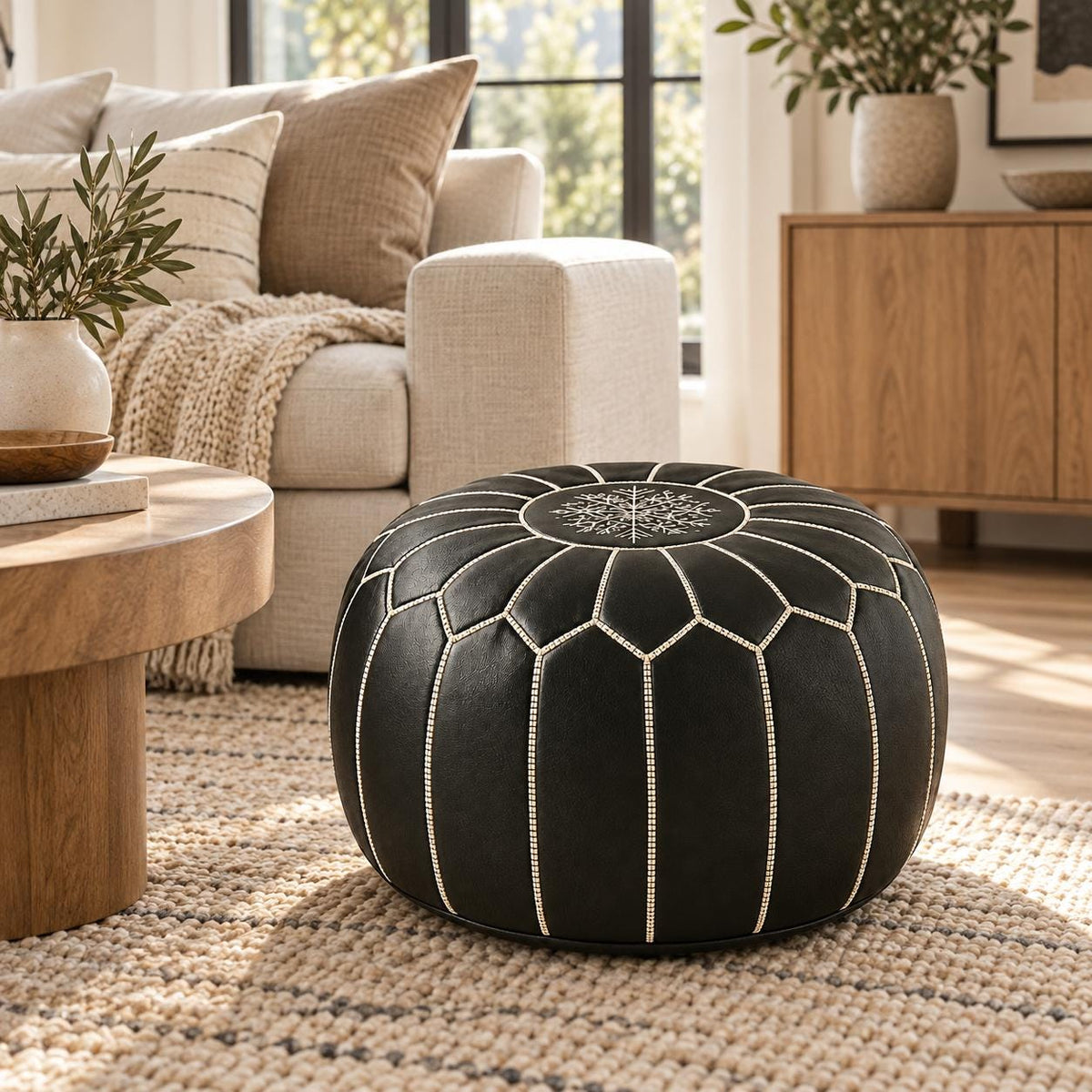 Black Round Leather Pouf Ottoman Cover, handmade Moroccan Unstuffed Footstool