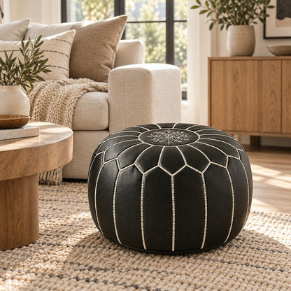 Black Round Leather Pouf Ottoman Cover, handmade Moroccan Unstuffed Footstool
