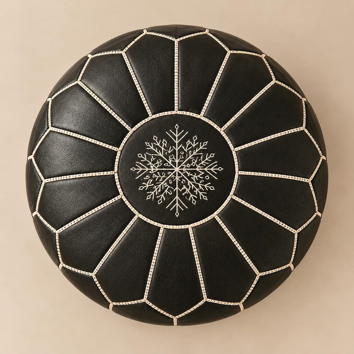 Black Round Leather Pouf Ottoman Cover, handmade Moroccan Unstuffed Footstool