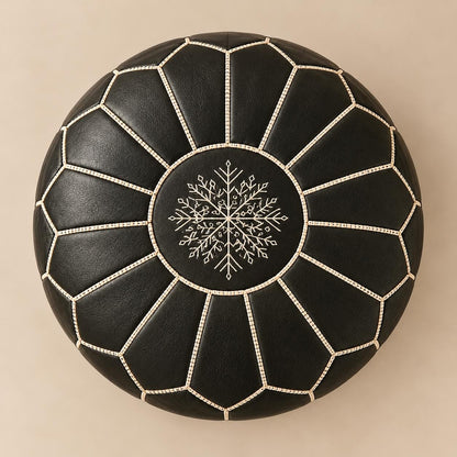 Black Round Leather Pouf Ottoman Cover, handmade Moroccan Unstuffed Footstool